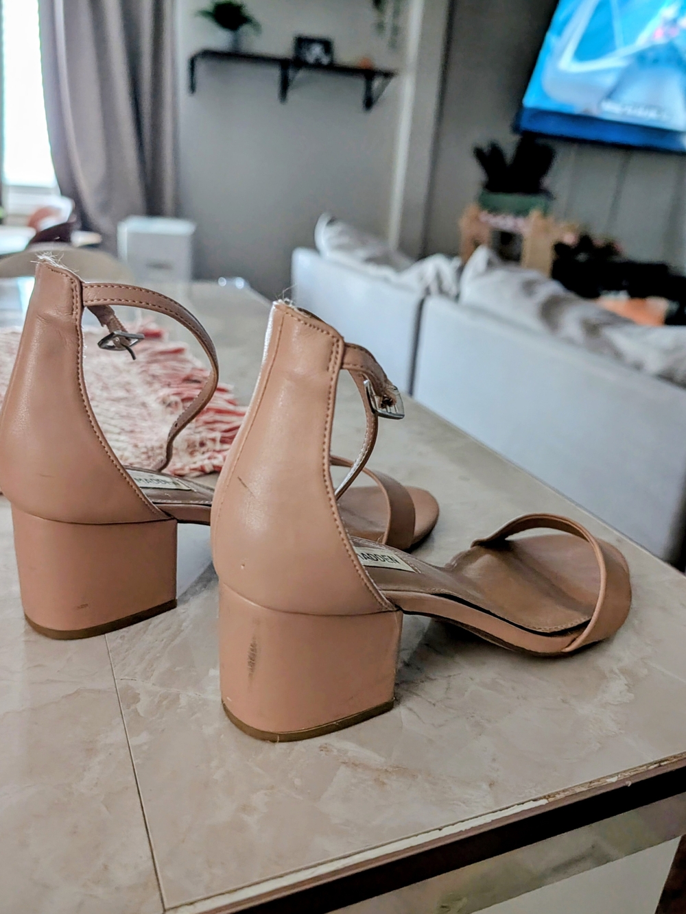 Women’s Nude Block Heel Sandals - Elegant Strappy Ankle Strap. Stevie Madden